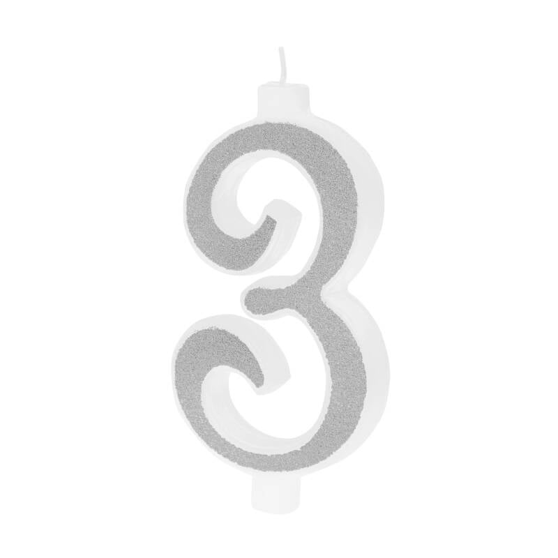 Suuri hopeinen kynttilä glitterillä – numero 3