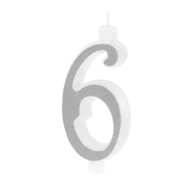 Suuri hopeinen kynttilä glitterillä – numero 6