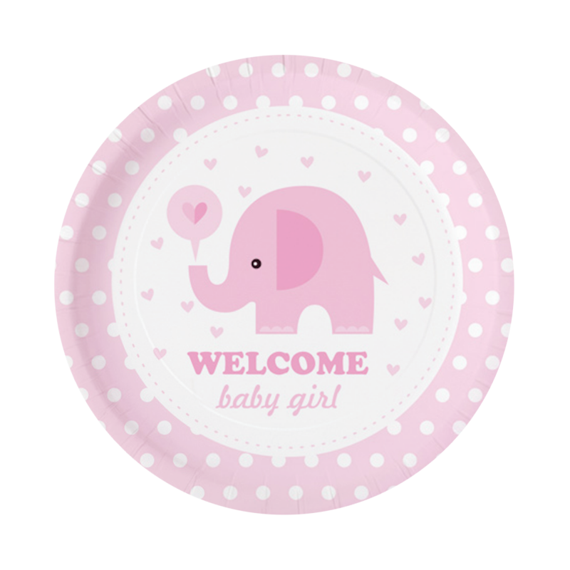 Vauvakutsut paperilautanen Elephant Pink  6 kpl 18cm