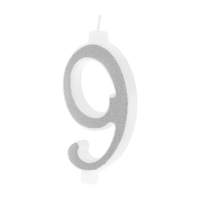 Suuri hopeinen kynttilä glitterillä – numero 9