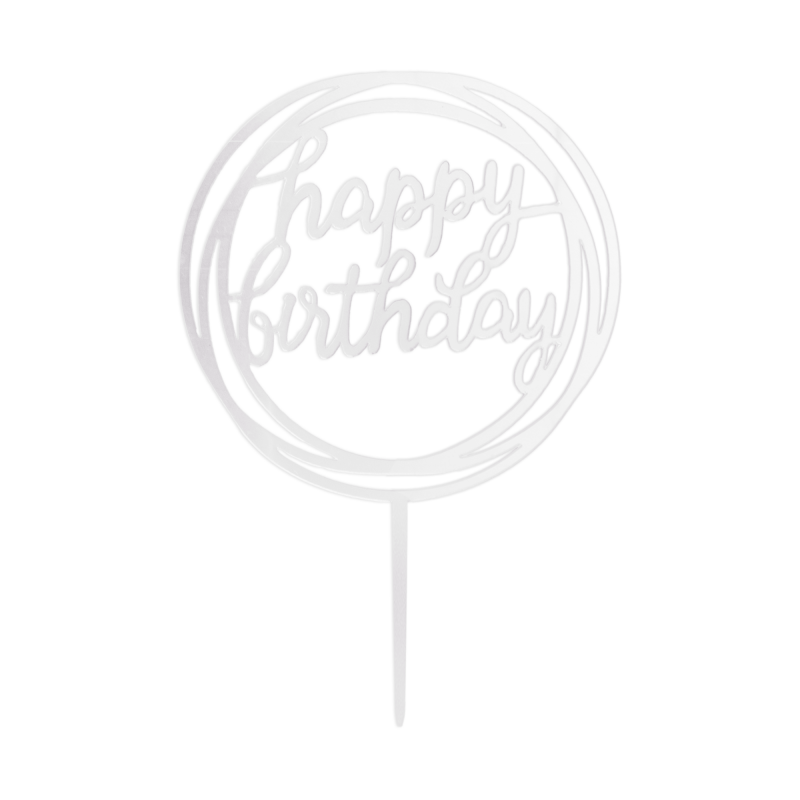 Happy Birthday -kakkukoriste – pyöreä peilihopea – 1 kpl