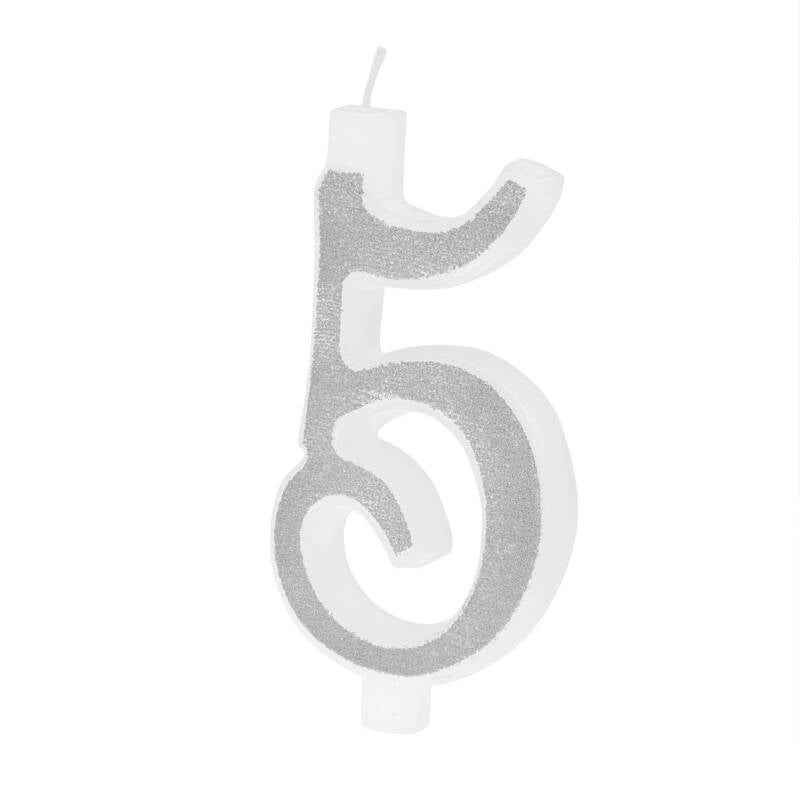 Suuri hopeinen kynttilä glitterillä – numero 5