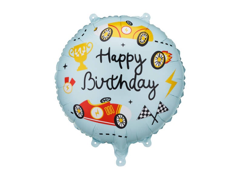 Foliopallo Happy Birthday – 35 x 35 cm – kilpa-autoaiheinen