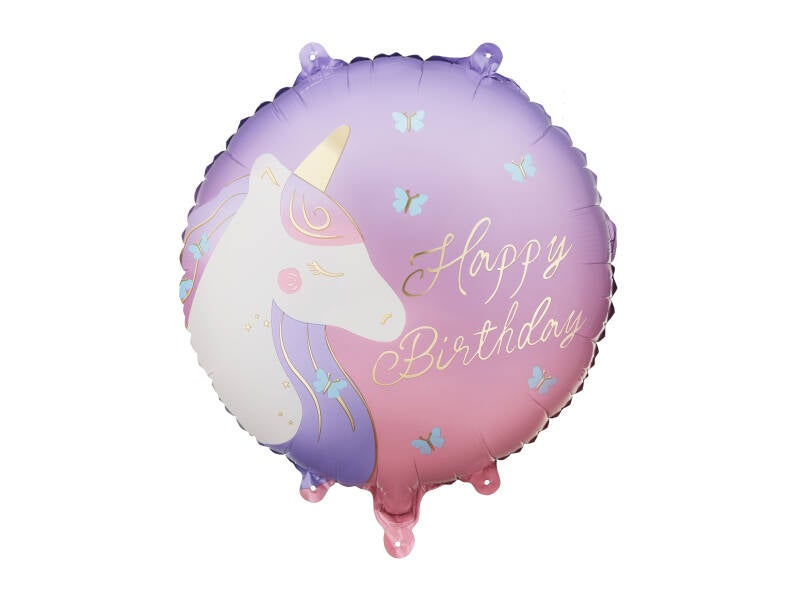 Pyöreä foliopallo Happy Birthday Yksisarvinen – 35 x 35 cm