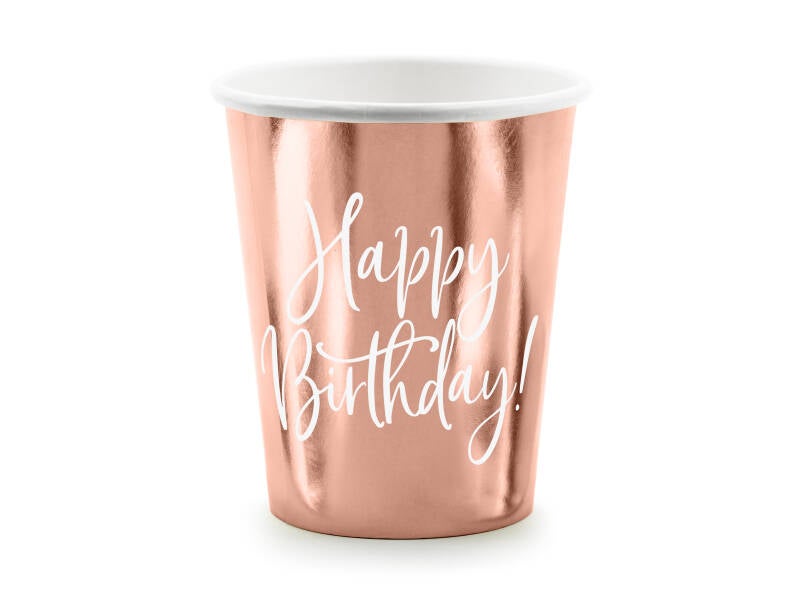 Pahvimukit Happy Birthday! ruusukulta 260 ml – 6 kpl