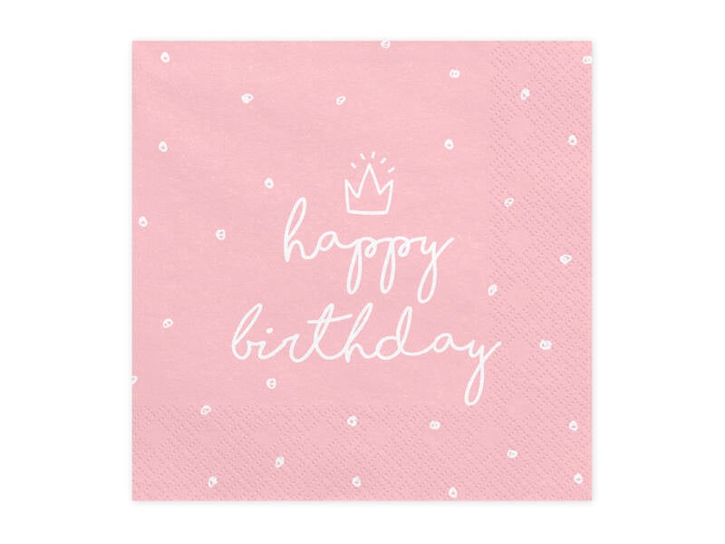 Paperiservetit Happy Birthday – Vaaleanpunainen/valkoinen – 33 × 33 cm – 20 kpl