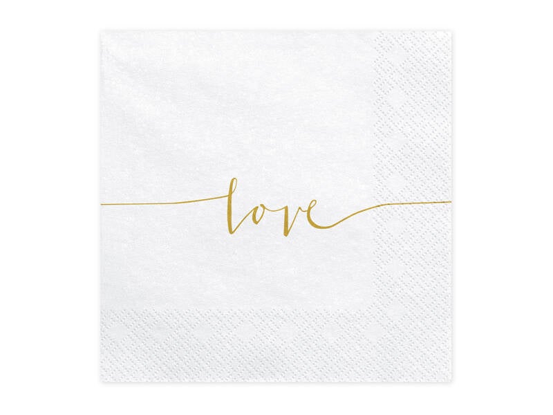 Paperiservetit Love – Valkoinen/kulta – 33 × 33 cm – 20 kpl