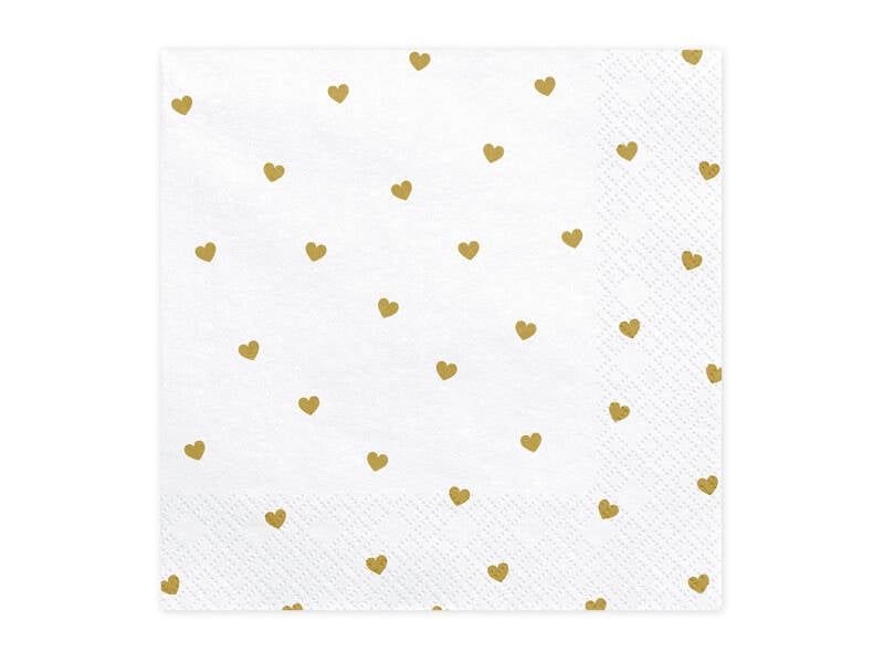 Paperiservetit Sydämet – Valkoinen/kulta – 33 × 33 cm – 20 kpl