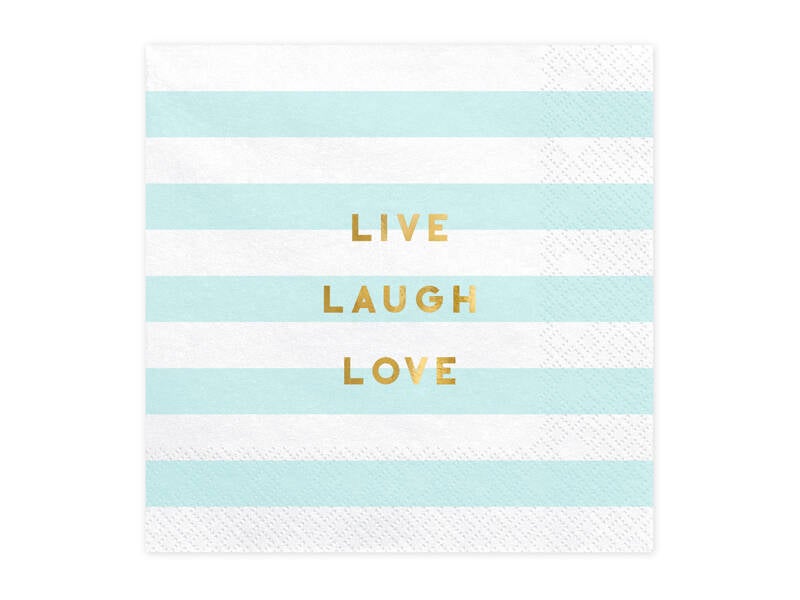 Paperiservetit Live Laugh Love – Valkoinen/vaaleansininen/kulta – 33 × 33 cm – 20 kpl