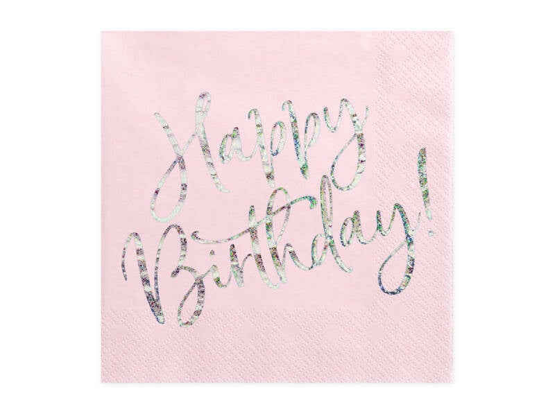Paperiservetit Happy Birthday – Vaalea puuteriroosa/holografinen – 33 × 33 cm – 20 kpl