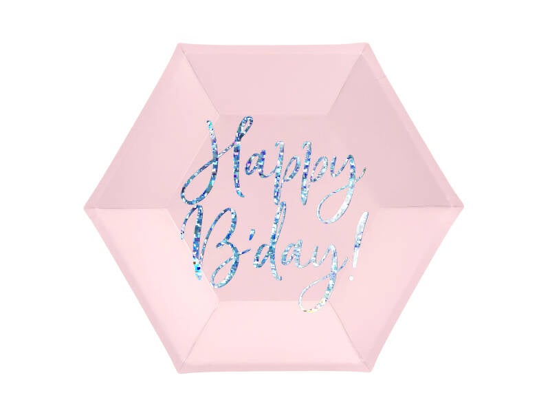 Lautaset Happy B'day! vaalea puuteriroosa 20 cm – 6 kpl